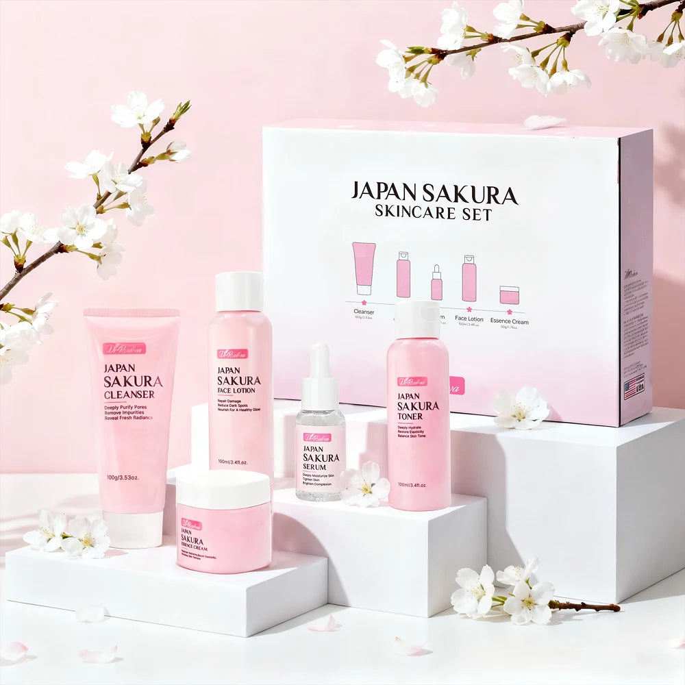 DR.ROSEVA 5Pcs Private Label Skincare Set Anti-Acne Dark Spot Remover Face Toner Cream Whitening Sakura Skin Care Sets - Beauty Collection Studio