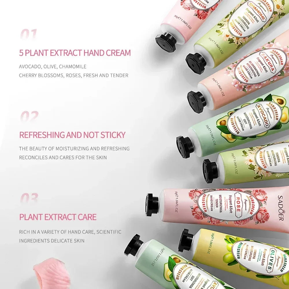 5Pcs/set Fruit Plant Fragrance Hand Cream Sets Moisturizing Repair Anti Dry Hand Lotion Sets Hands Skin Care Products.