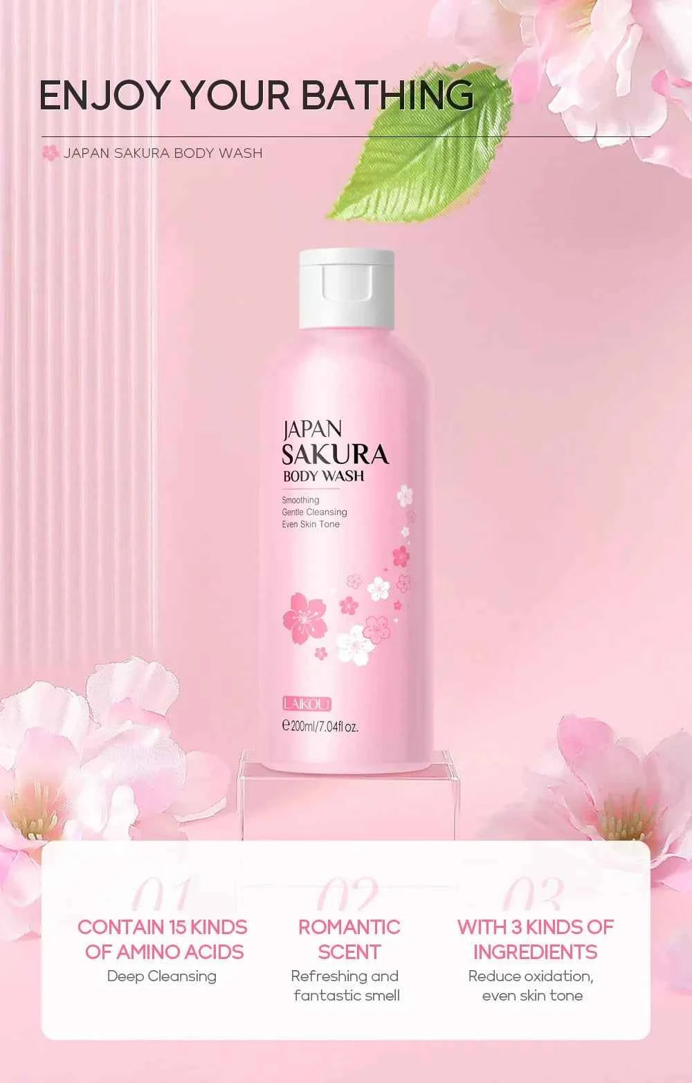 LAIKOU Sakura Shower Gel Long Moisturizing Smooth Long Lasting Fragrance Gentle Foam Body Cleansing Bath Product 200ml