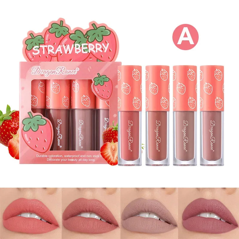 Mini Velvet Matte Lip Gloss Set, 4-Piece Non-Fading, Non-Stick Cup, Long-Lasting Fruit Scented Lip Tint, Smooth and Lightweight - My Vixen Vault