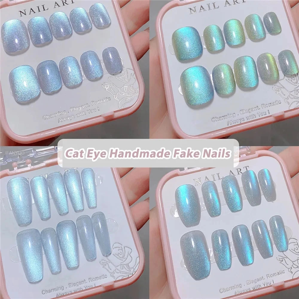 24Pcs Cat Eye Press on Nails Short Square,Soft Gel Fake Nails, Glossy Glitter CatEye Nail Tips for Women and Girls Stick On Nail