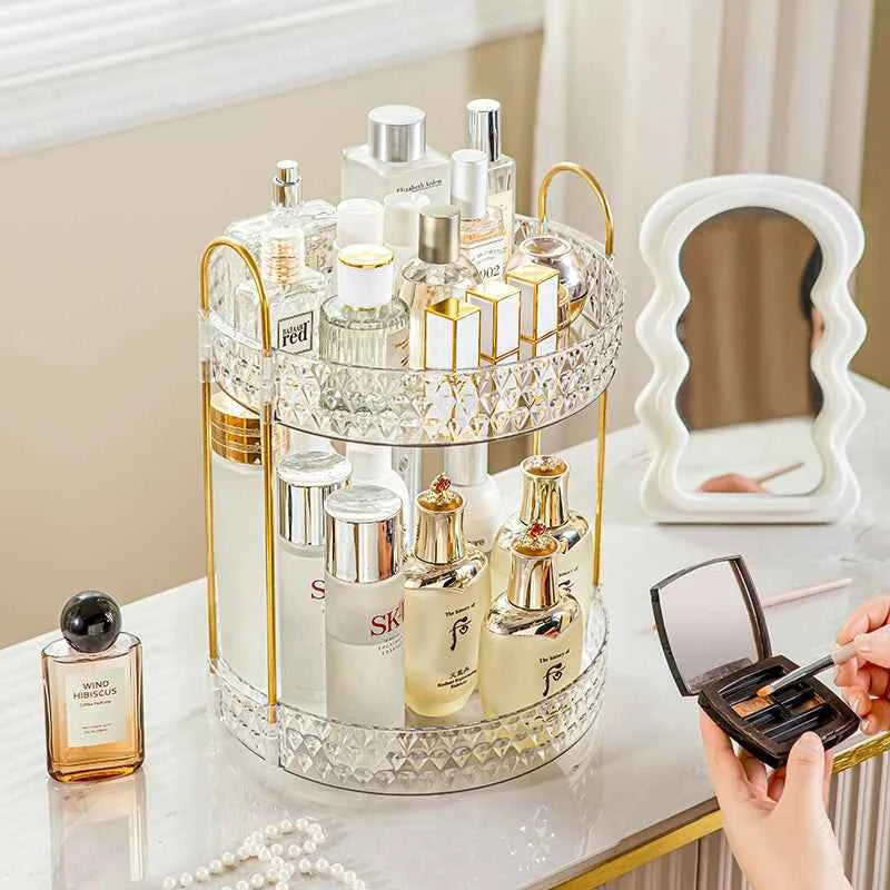 360° Rotating Cosmetic Organizer 3 Tier Transparent Diamond Pattern Cosmetic Rack Bathroom Cosmetic Vanity Organizer Countertop.
