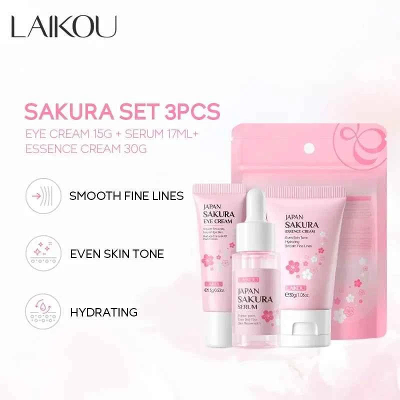 3pcs/set LAIKOU Skin Care Set Vitamin C Sakura Snail Essence Serum & Eye Cream & Face Cream Moisturizer Travel Size Skincare Set