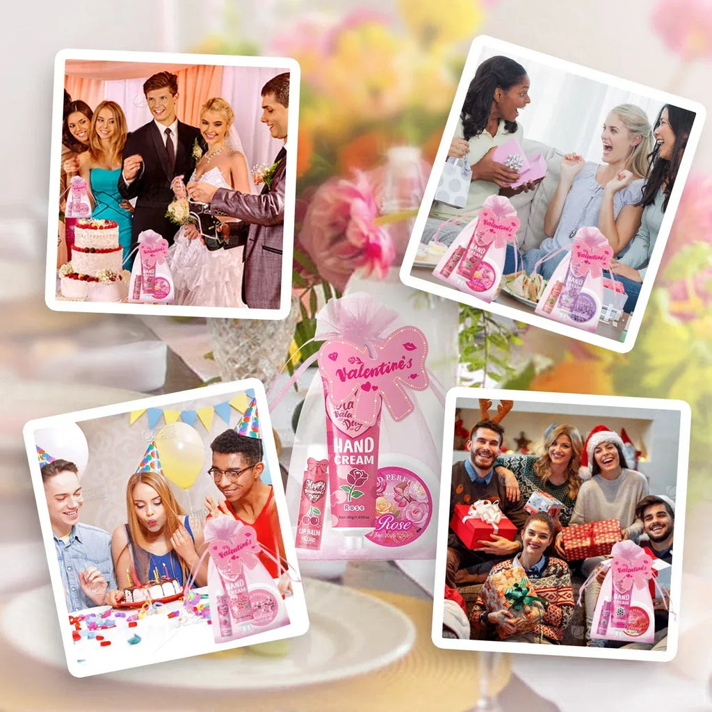 Gift sets 20PCS/box bulk thank you gifts assembly distribution lip balm hand cream perfume pink gift bag and bow card.