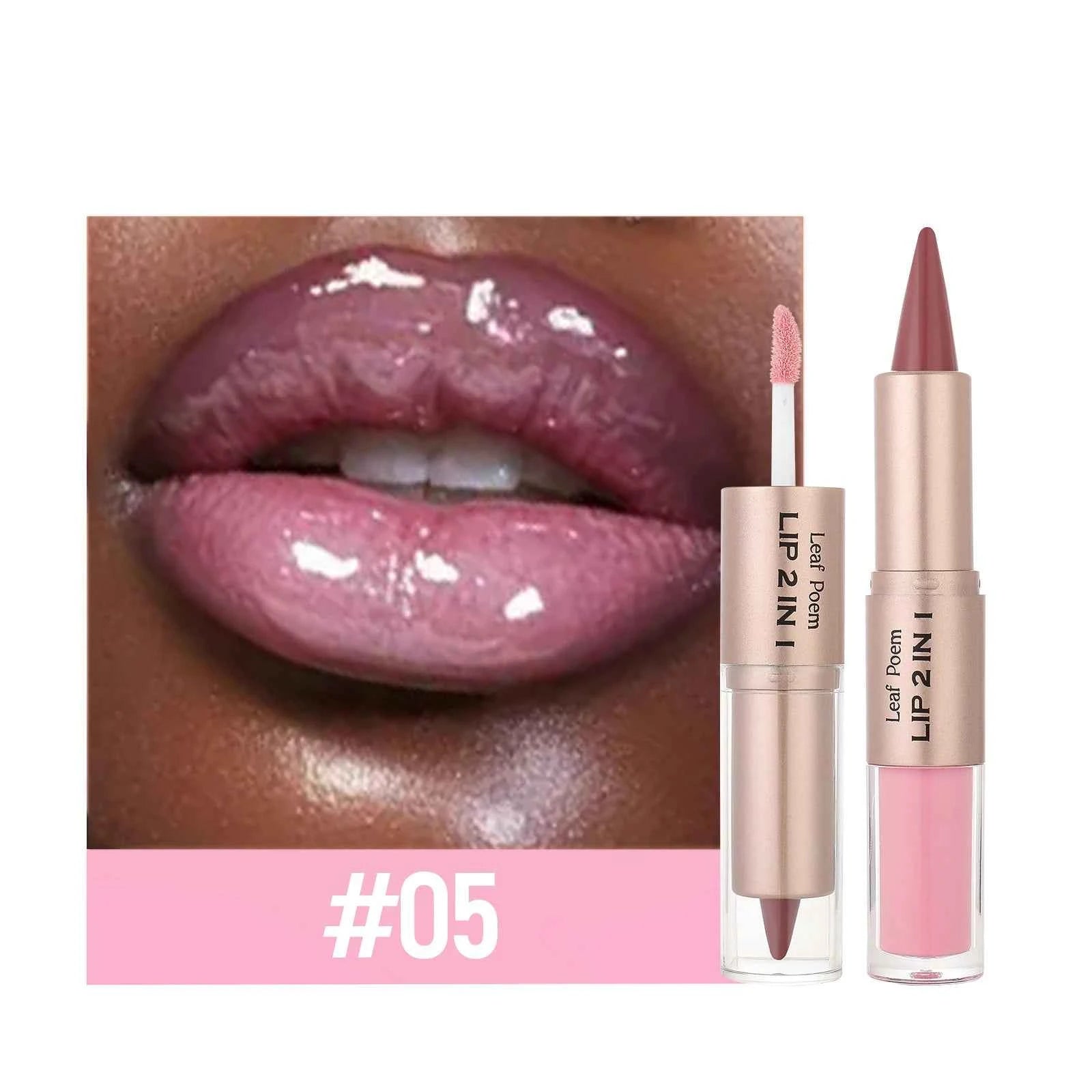 2 IN 1 Nude Brown Pink Mirror Lip Gloss Tapered Gradient Lipliner Contour Pencil Matte Lip Liner Waterproof Sexy Lipstick Makeup.