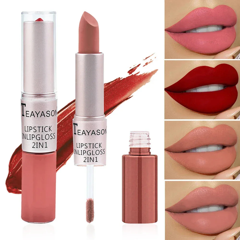 1Pc Long Lasting Velvet Matte Lipstick Double Head Lip Gloss Non-stick Cup Lip Gloss Waterproof 2 in 1 Matte Red Lipstick Makeup - My Vixen Vault