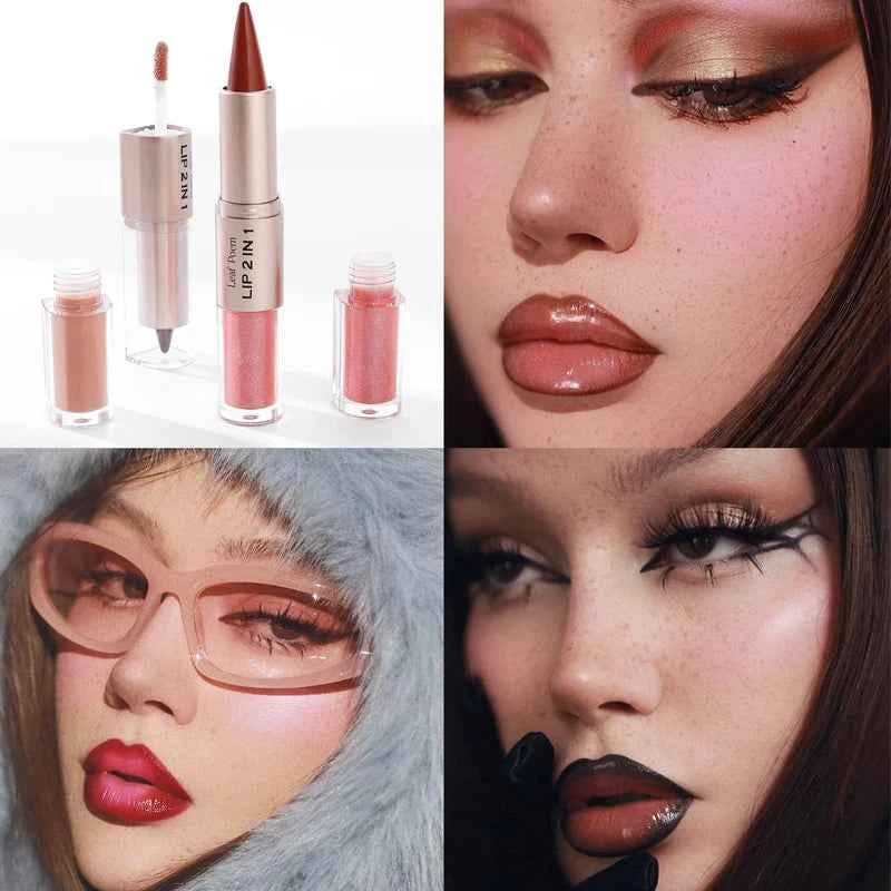 2 IN 1 Nude Brown Pink Mirror Lip Gloss Tapered Gradient Lipliner Contour Pencil Matte Lip Liner Waterproof Sexy Lipstick Makeup.
