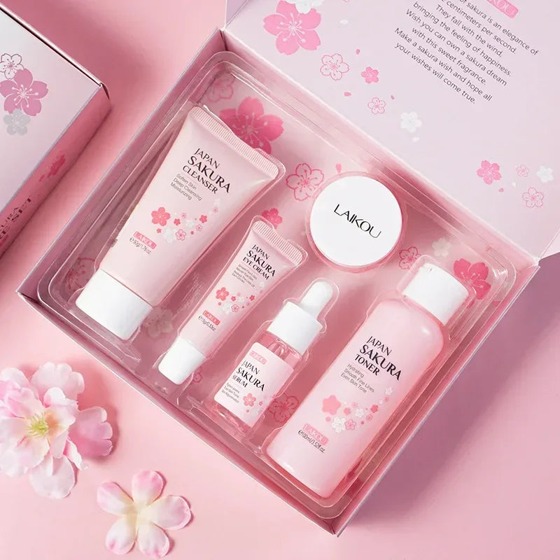 LAIKOU Sakura Kit Skin Care Sets Moisturizing and Reducing Fine Lines Cleansing Pore Product 5-Piece Korean Christmas Gift Set.