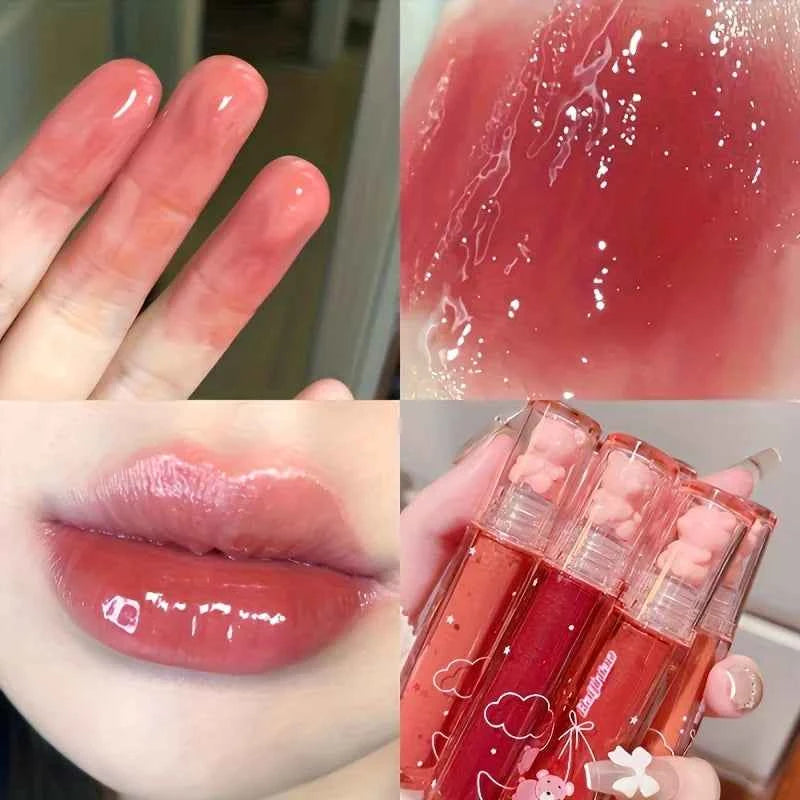 6 color lip glaze, cute little bear, mirror gloss, jelly lips with sparkling light dew water, long-lasting stain resistant trans