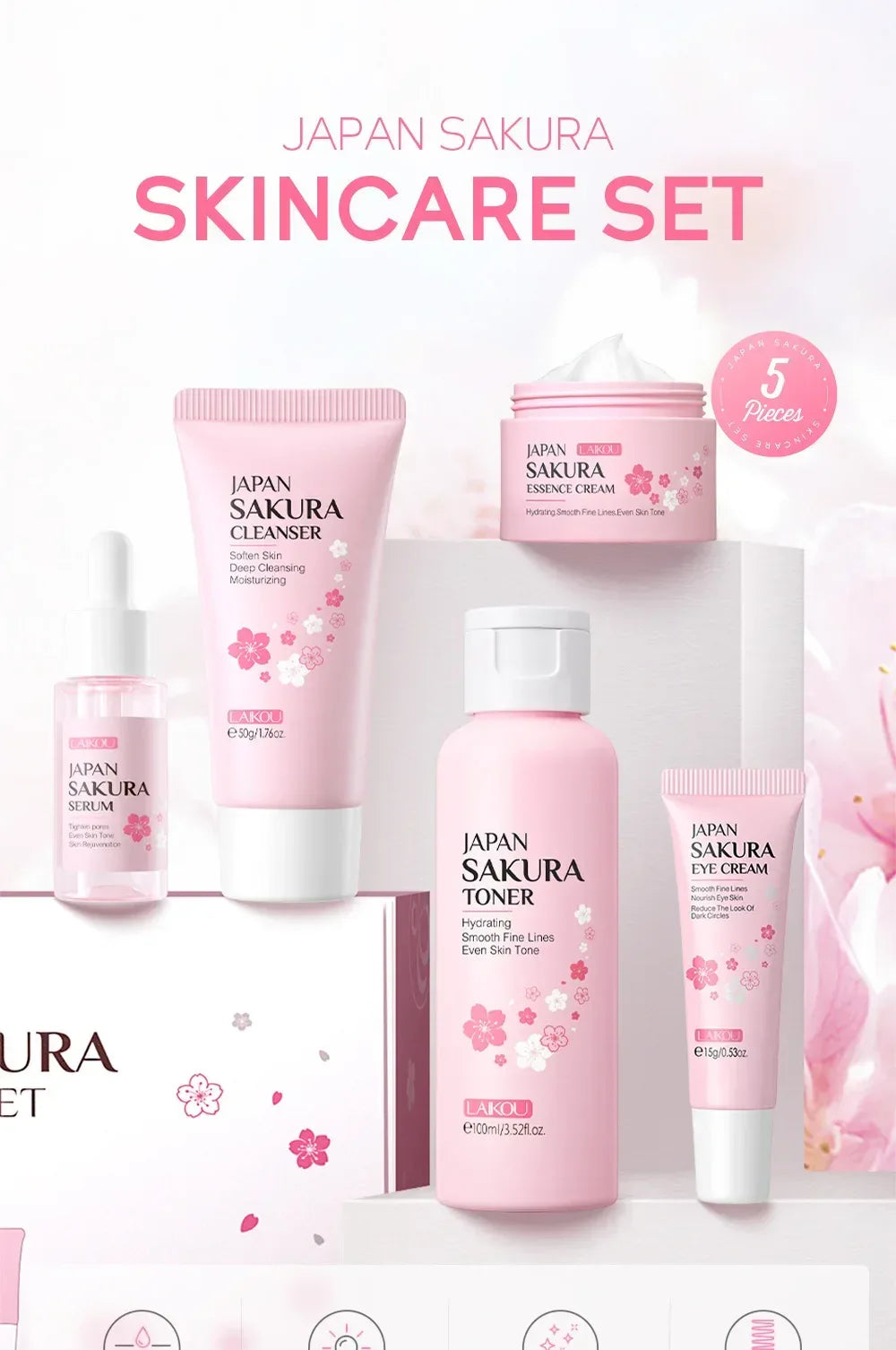 LAIKOU Sakura Kit Skin Care Sets Moisturizing and Reducing Fine Lines Cleansing Pore Product 5-Piece Korean Christmas Gift Set.