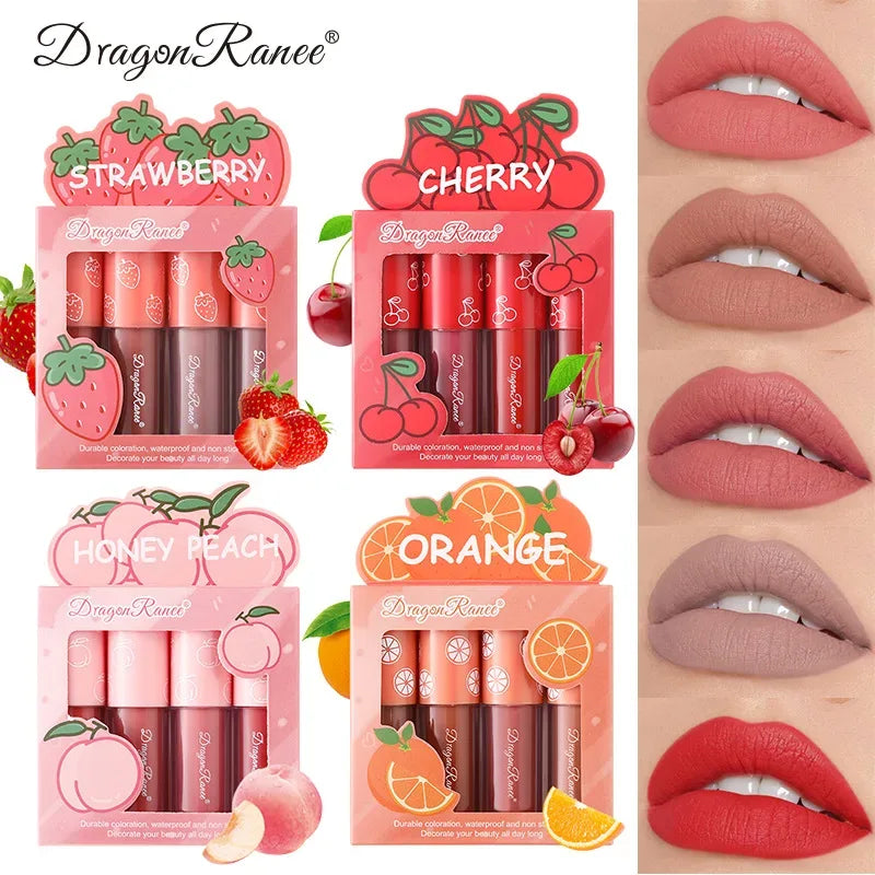 Mini Velvet Matte Lip Gloss Set, 4-Piece Non-Fading, Non-Stick Cup, Long-Lasting Fruit Scented Lip Tint, Smooth and Lightweight - My Vixen Vault