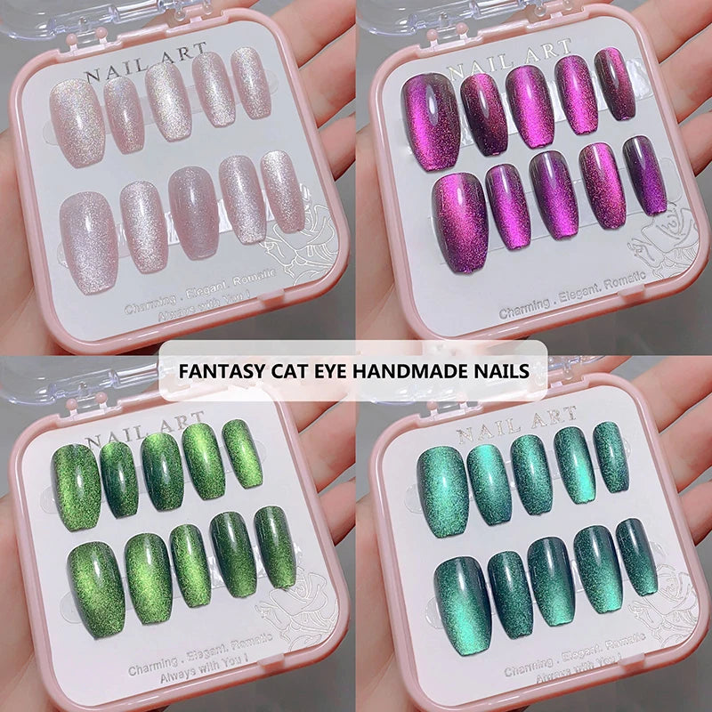 24Pcs Cat Eye Press on Nails Short Square,Soft Gel Fake Nails, Glossy Glitter CatEye Nail Tips for Women and Girls Stick On Nail