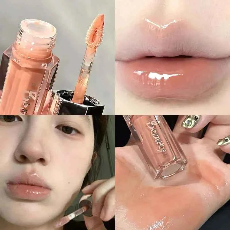 Ice Transparent Brown Lip Gloss Moisturizing Glossy Liquid Lipstick Water Light Glass Mirror Lip Glaze Long-lasting Beauty Lips.