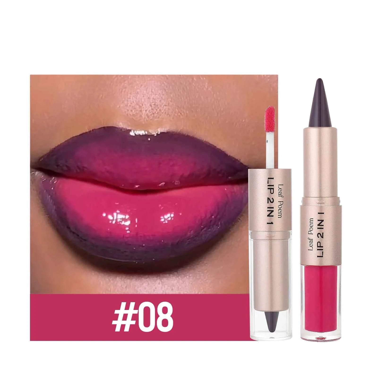 2 IN 1 Nude Brown Pink Mirror Lip Gloss Tapered Gradient Lipliner Contour Pencil Matte Lip Liner Waterproof Sexy Lipstick Makeup.