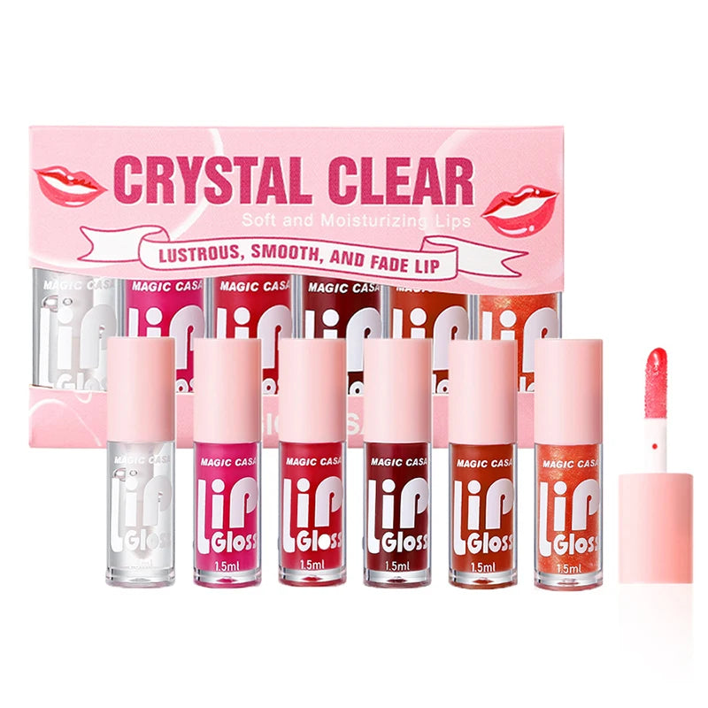 MAGIC CASA 6-Piece Set Water-Gloss Jelly Lip Oil - Plumping, Hydrating, Makeup Base, Long-Lasting Moisture - Beauty Collection Studio