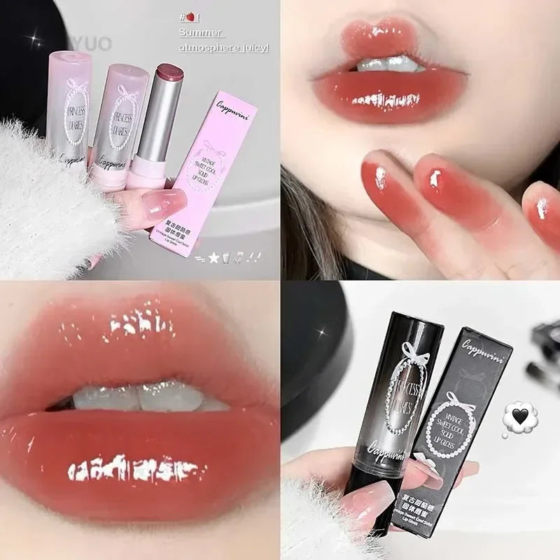 Pink Crystal Mirror Glass Solid Lip Gloss Round Tube Water Light Lipstick Clear Jelly Lip Glaze Nude Brown Moisturizing Lip Tint - My Vixen Vault
