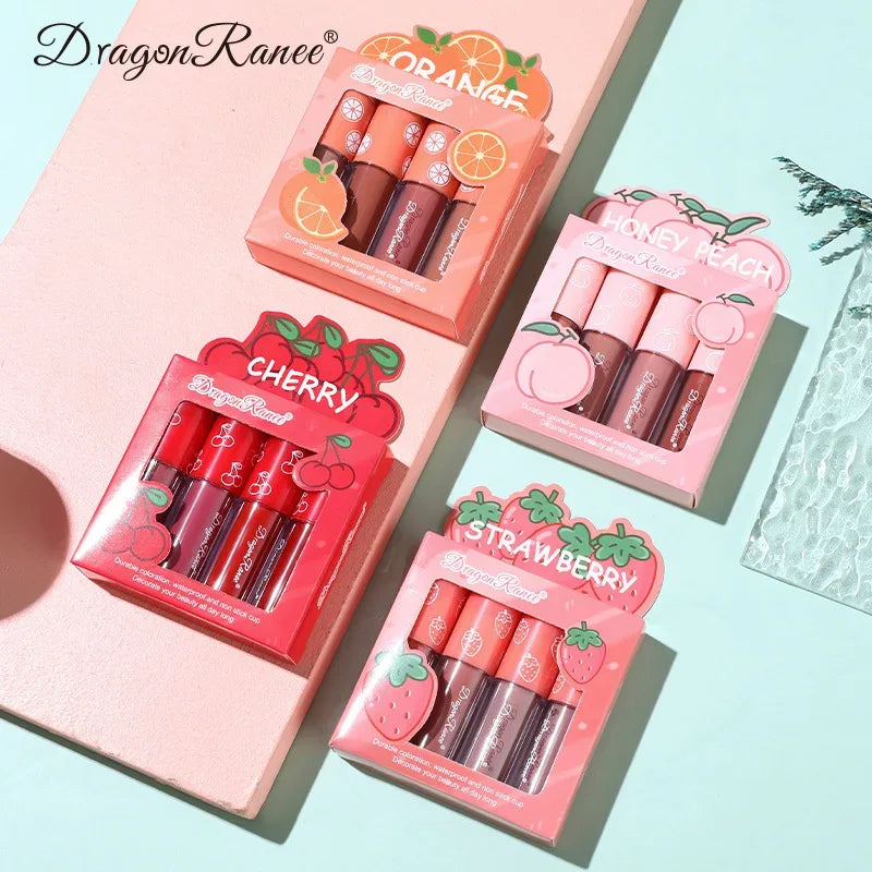 Mini Velvet Matte Lip Gloss Set, 4-Piece Non-Fading, Non-Stick Cup, Long-Lasting Fruit Scented Lip Tint, Smooth and Lightweight - My Vixen Vault