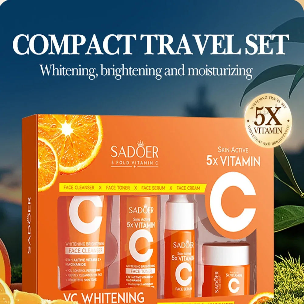 Five-piece vitamin C moisturizing travel skin care set vitamin C facial cleanser toner essence cream portable skin care products.