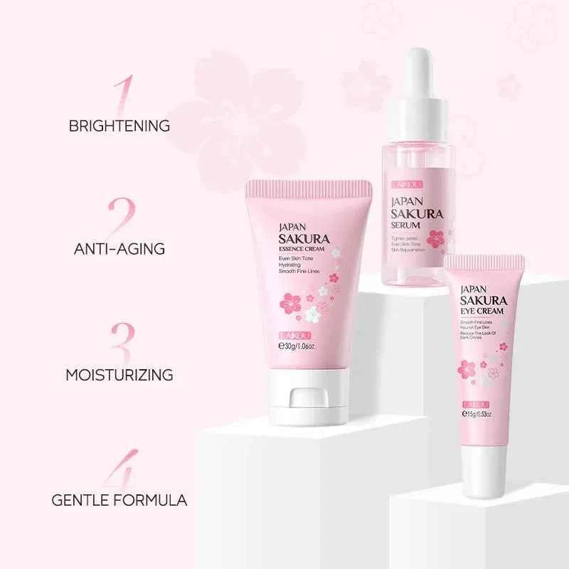 3pcs/set LAIKOU Skin Care Set Vitamin C Sakura Snail Essence Serum & Eye Cream & Face Cream Moisturizer Travel Size Skincare Set