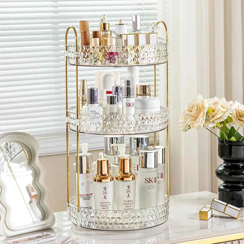360° Rotating Cosmetic Organizer 3 Tier Transparent Diamond Pattern Cosmetic Rack Bathroom Cosmetic Vanity Organizer Countertop.