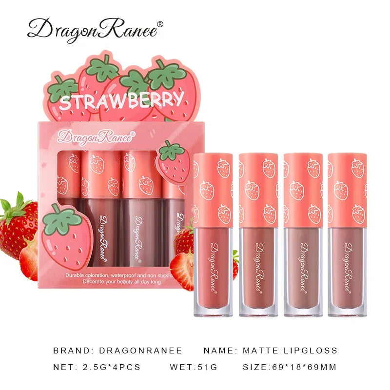 Mini Velvet Matte Lip Gloss Set, 4-Piece Non-Fading, Non-Stick Cup, Long-Lasting Fruit Scented Lip Tint, Smooth and Lightweight - My Vixen Vault