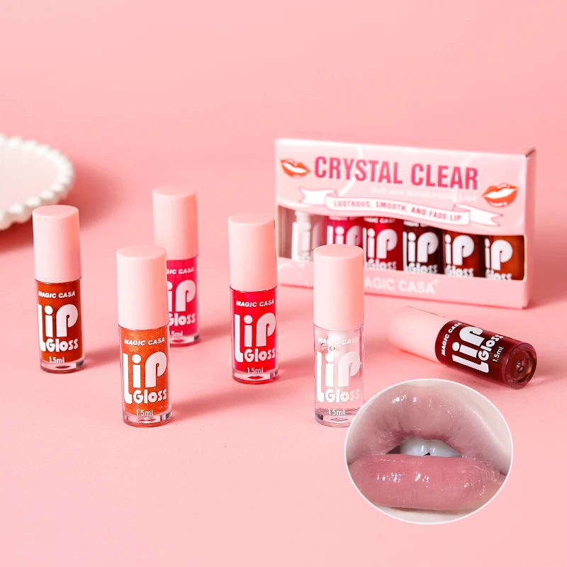 MAGIC CASA 6-Piece Set Water-Gloss Jelly Lip Oil - Plumping, Hydrating, Makeup Base, Long-Lasting Moisture - Beauty Collection Studio