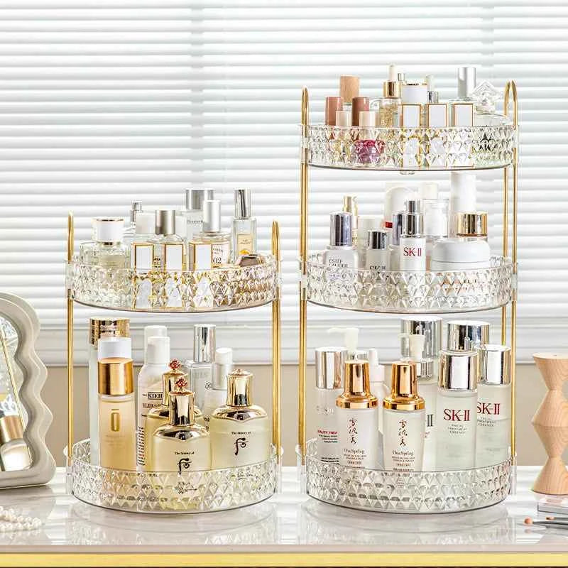 360° Rotating Cosmetic Organizer 3 Tier Transparent Diamond Pattern Cosmetic Rack Bathroom Cosmetic Vanity Organizer Countertop.