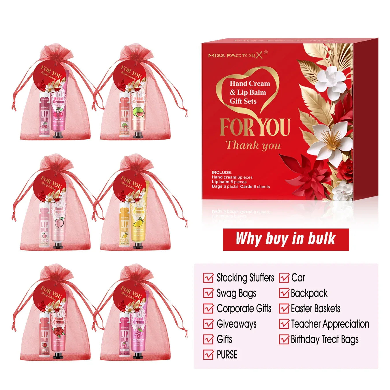 24PCS/box lip balm in bulk, hand cream in bulk thank you card and red gauze bag, wedding gift to guests, Christmas and New Year.