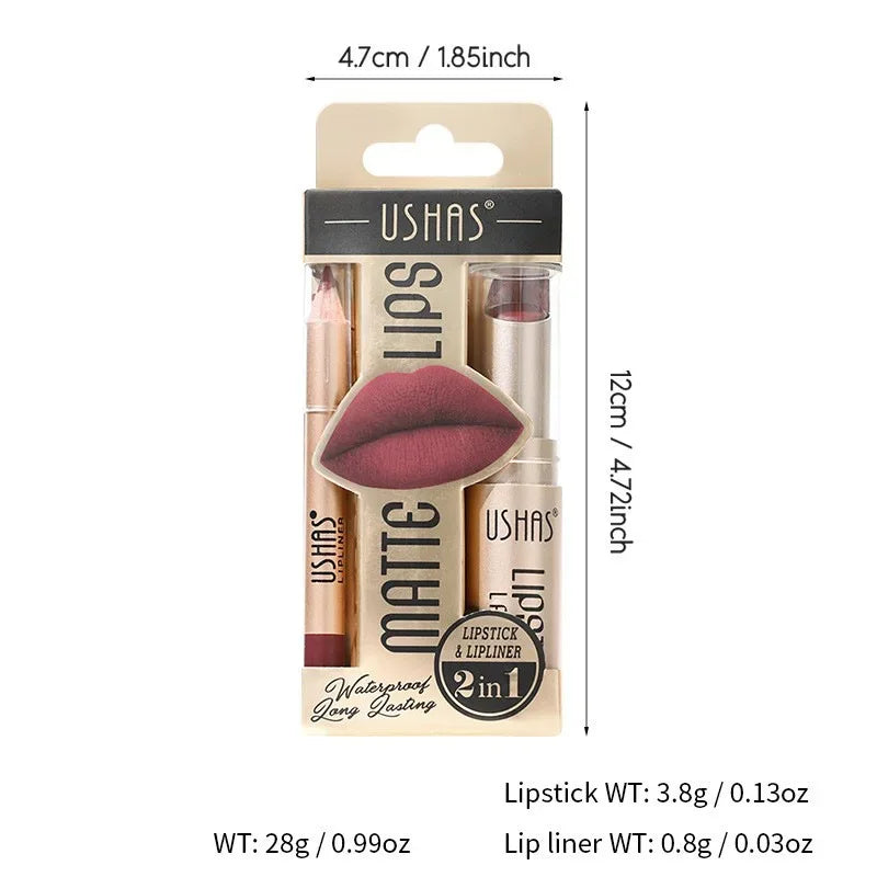 USHAS 12 Color Lip Liner + LIPSTICK Set Easy Coloring Matte Lipstick Long lasting nude red lipstick - My Vixen Vault