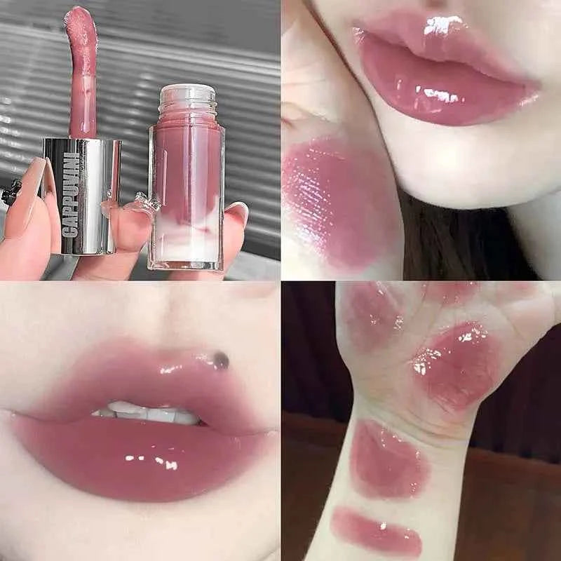 Grayish Pink Lip Gloss Water Light Long Lasting Clear Moisturize Mirror Red Lip Tint Non Stick Cup Liquid Lipstick Makeup.