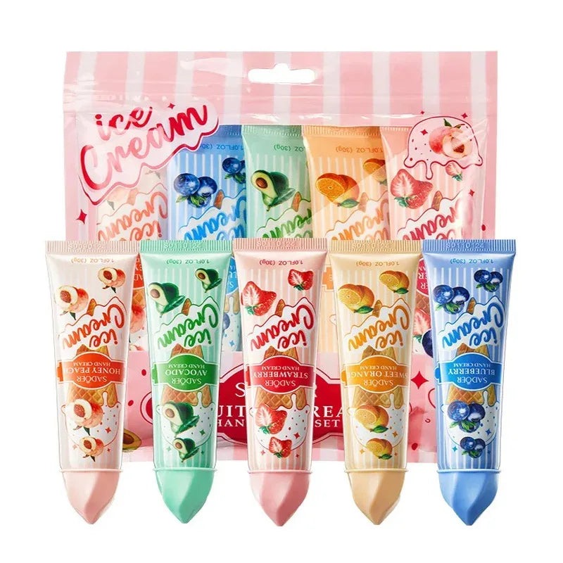 5pcs/set SADOER Fruit Ice Cream Hand Cream Moisturizing Nourishing Brightening Hydrating Hand Creams Hands Skin Care Products.