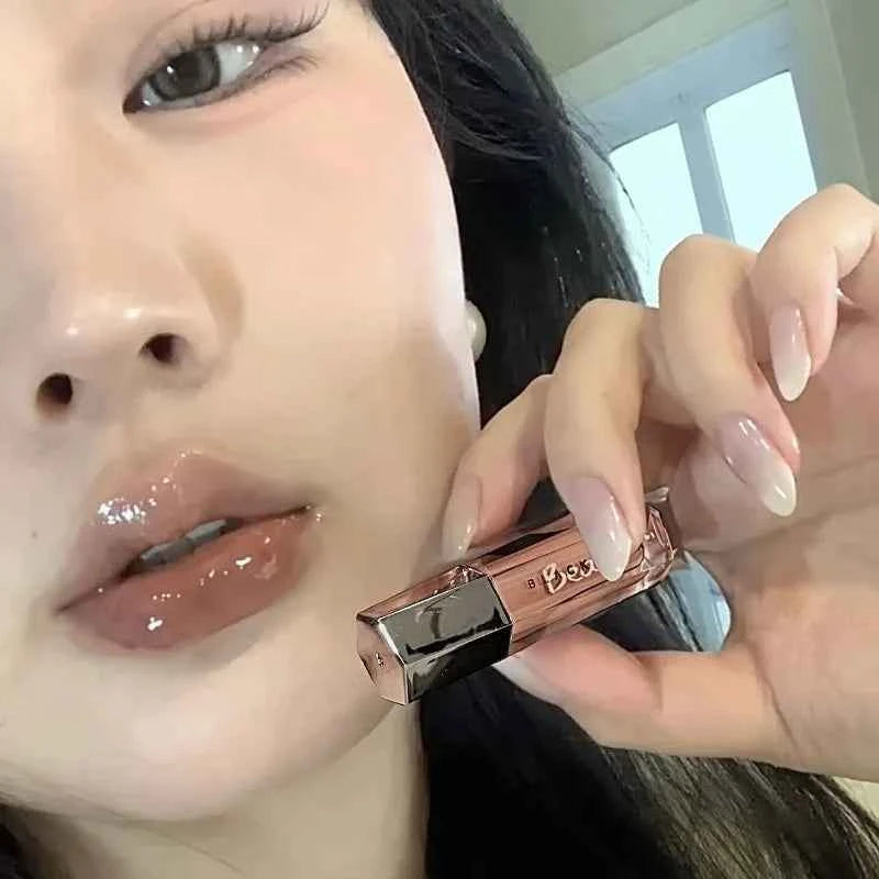 Ice Transparent Brown Lip Gloss Moisturizing Glossy Liquid Lipstick Water Light Glass Mirror Lip Glaze Long-lasting Beauty Lips.