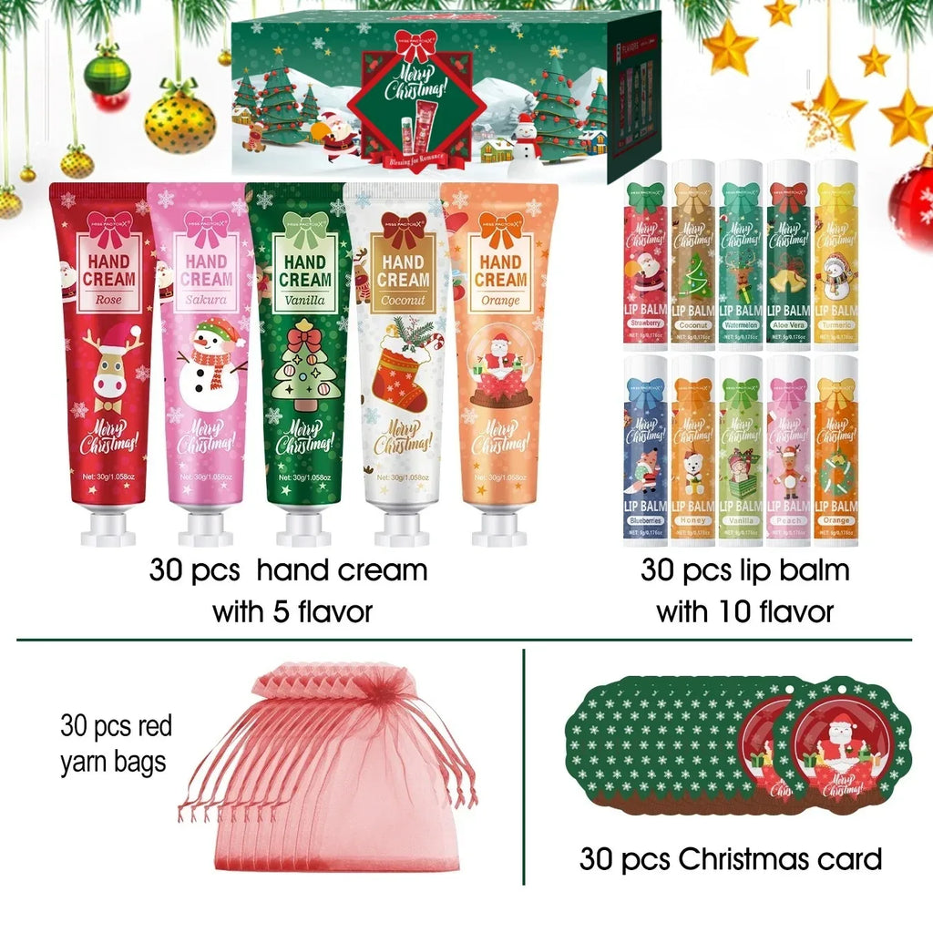 Christmas gift set distribution 120PCS/box in bulk, lip balm in bulk, hand cream in bulk, Christmas cards, gift gauze bags.