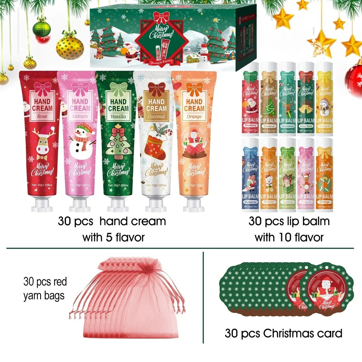Christmas gift set distribution 120PCS/box in bulk, lip balm in bulk, hand cream in bulk, Christmas cards, gift gauze bags.