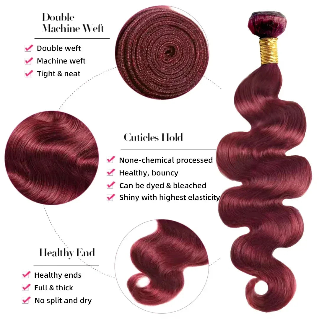 16A Burgundy 99j Body Wave Bundles Red Colored Human Hair Bundles 1/3/4 PCS Brazilian Virgin Hair Weave Extension For Women - My Vixen Vault