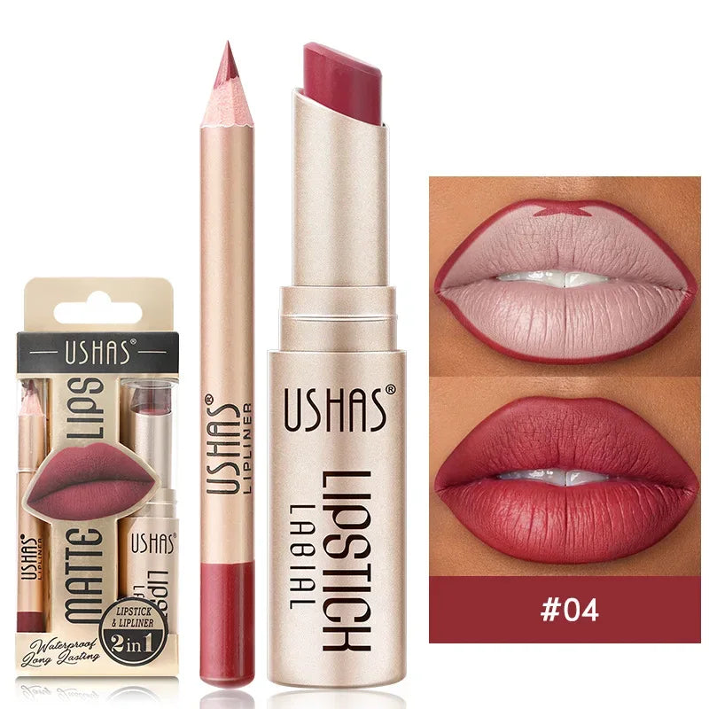 USHAS 12 Color Lip Liner + LIPSTICK Set Easy Coloring Matte Lipstick Long lasting nude red lipstick - My Vixen Vault
