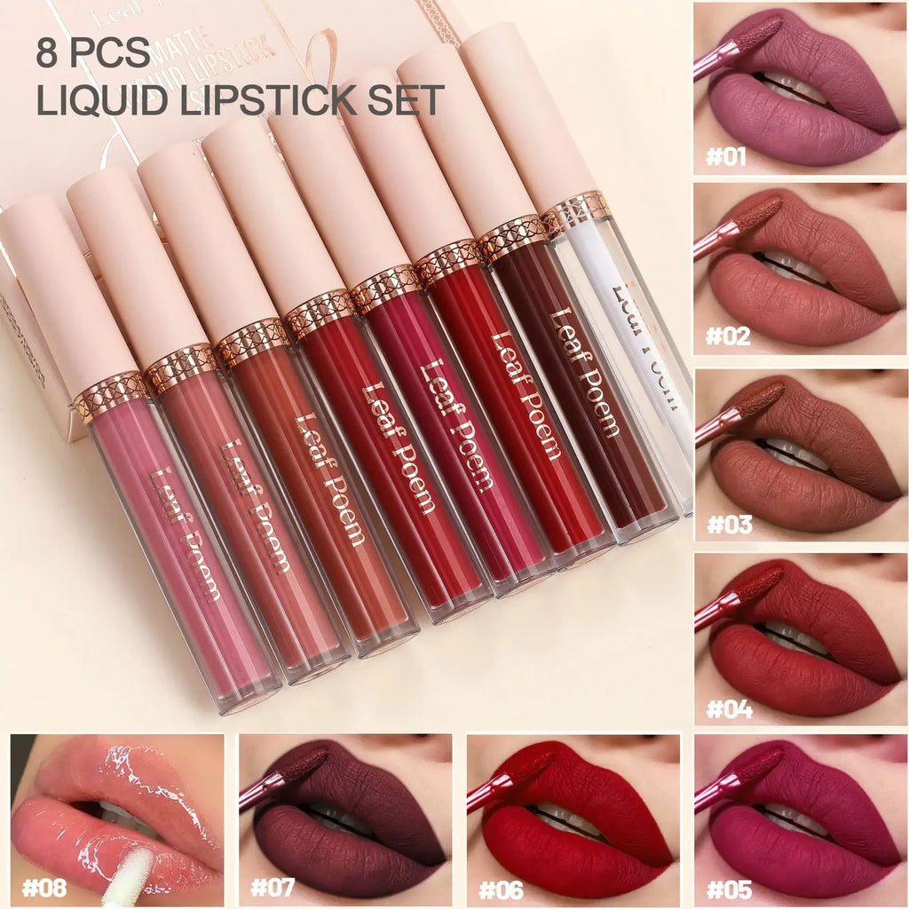 8 pcs matte liquid lipstick, lip glaze - waterproof, non-stick, long-lasting lip gloss, brown, pink, purple and red tones, suitable for Valentine's Day, daily, parties, travel - My Vixen Vault