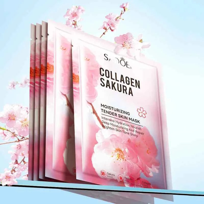 5pcs SADOER Sakura Face Mask Facial Skincare Moisturizing Brightening Hydrating Firming Collagen Facial Masks Face Sheet Mask