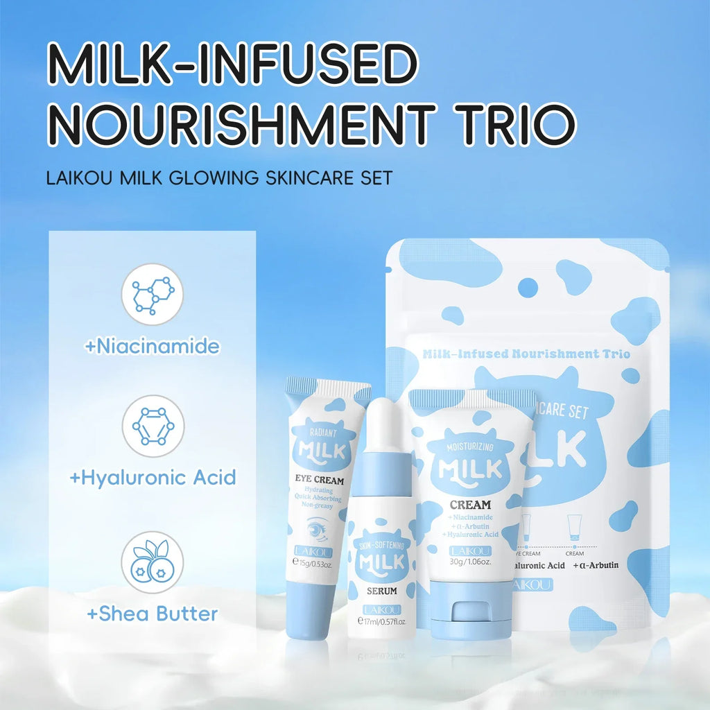 LAIKOU Milk Glowing Trio Set Deep Nourishment Kit Hydrating Skincare Non-Greasy Serum Eye Cream Moisturizer Gift Set - My Vixen Vault