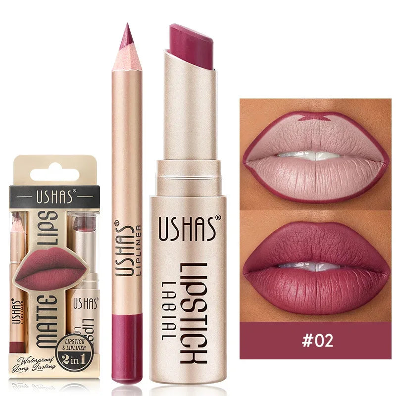 USHAS 12 Color Lip Liner + LIPSTICK Set Easy Coloring Matte Lipstick Long lasting nude red lipstick - My Vixen Vault