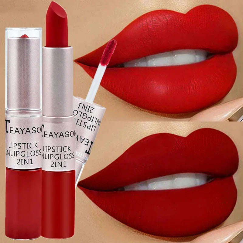1Pc Long Lasting Velvet Matte Lipstick Double Head Lip Gloss Non-stick Cup Lip Gloss Waterproof 2 in 1 Matte Red Lipstick Makeup - My Vixen Vault
