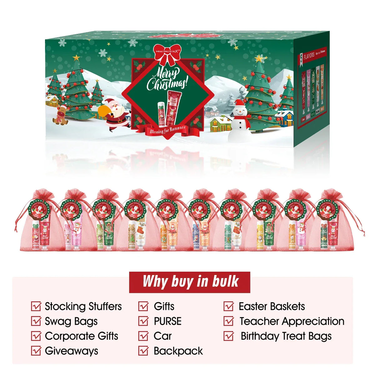 Christmas gift set distribution 120PCS/box in bulk, lip balm in bulk, hand cream in bulk, Christmas cards, gift gauze bags.