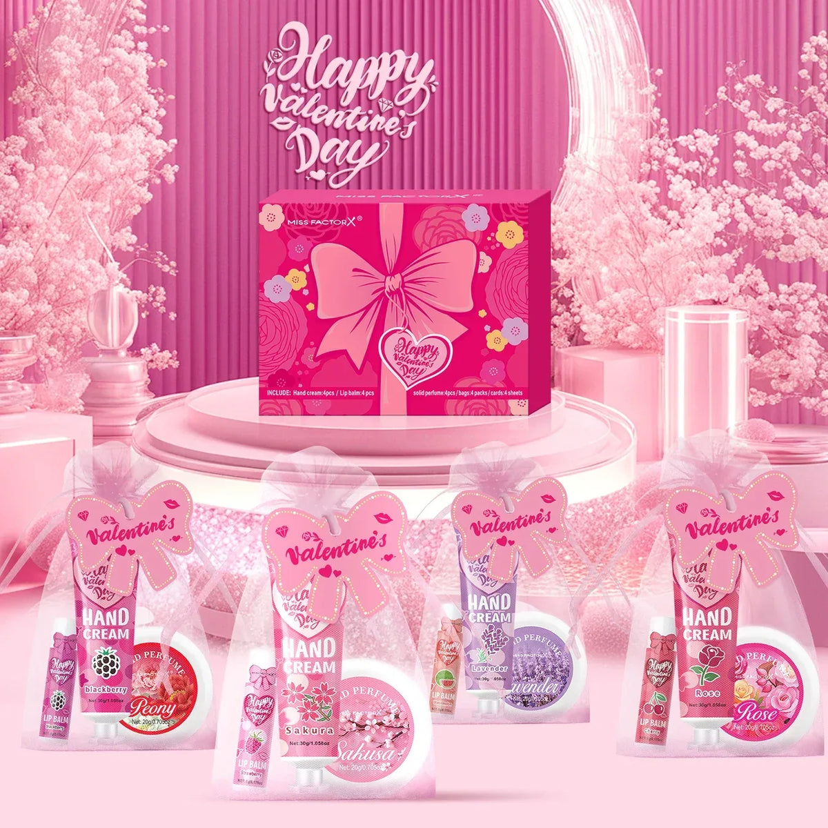 Gift sets 20PCS/box bulk thank you gifts assembly distribution lip balm hand cream perfume pink gift bag and bow card.