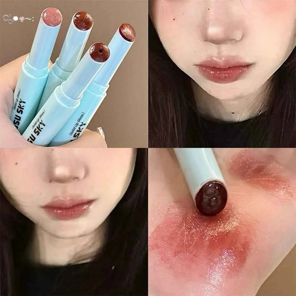 4 Colors Solid Lip Gloss Stick Mint Non-Sticky Glass Shine Lip Balm Hydrating Water Light Lipstick Tint Natural Look Makeup.