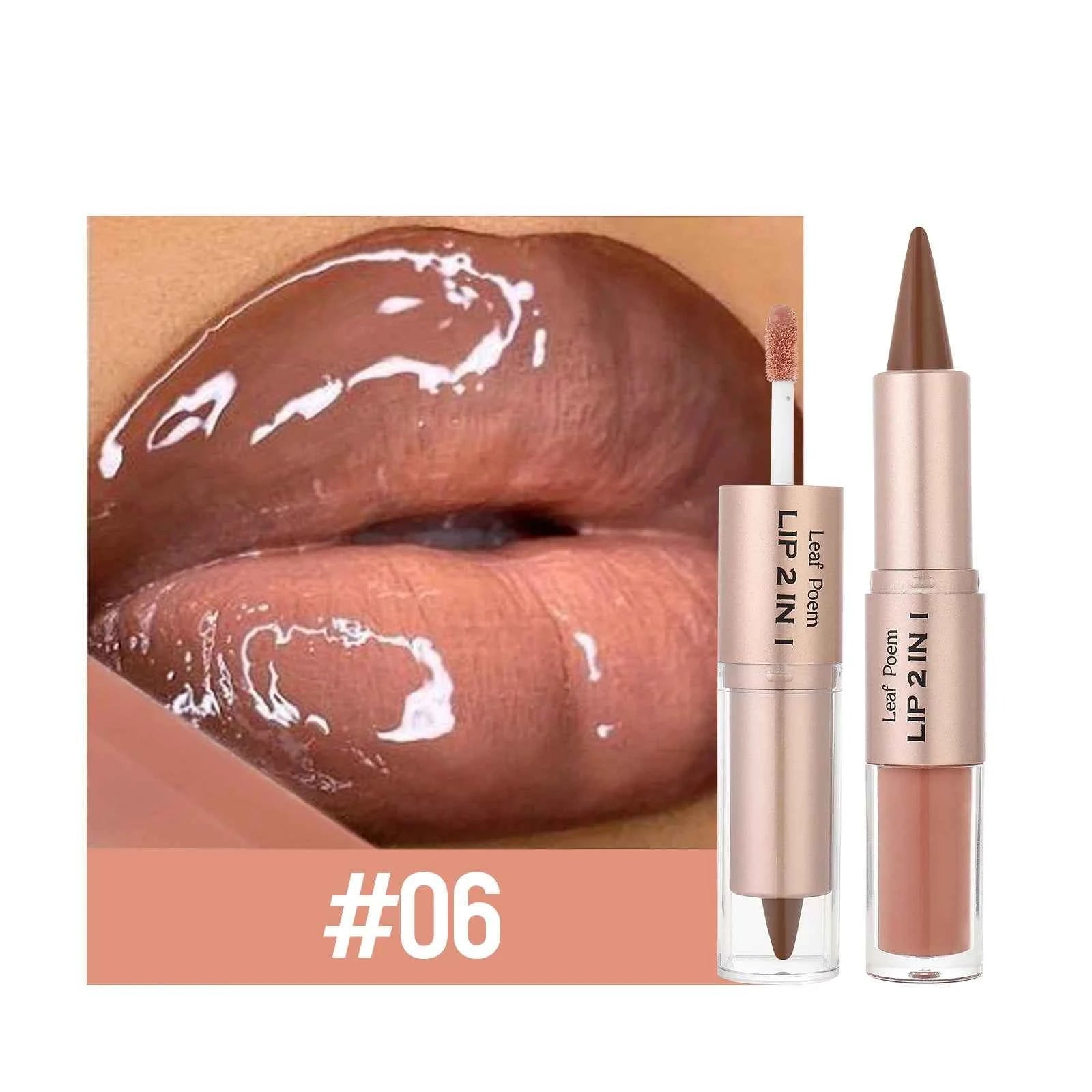 2 IN 1 Nude Brown Pink Mirror Lip Gloss Tapered Gradient Lipliner Contour Pencil Matte Lip Liner Waterproof Sexy Lipstick Makeup.