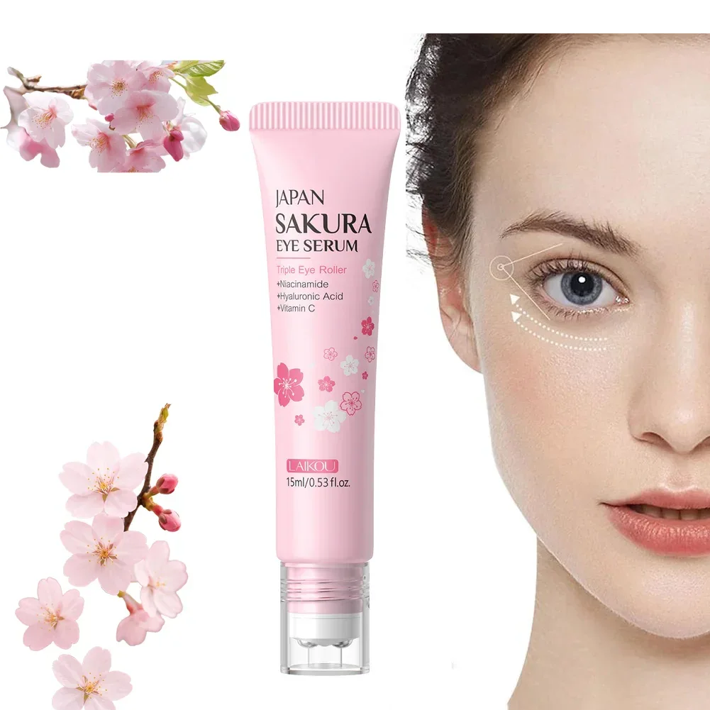 LAIKOU Sakura Eye Serum Roller Massage Hyaluronic Acid Skin Care Eye Bags Cream Moisturizing Dark Circles 15ml - My Vixen Vault