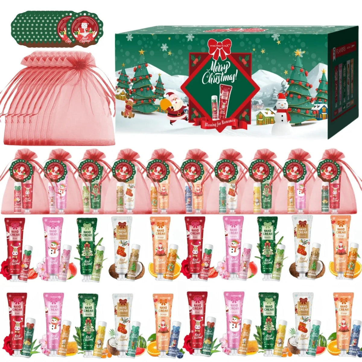 Christmas gift set distribution 120PCS/box in bulk, lip balm in bulk, hand cream in bulk, Christmas cards, gift gauze bags.