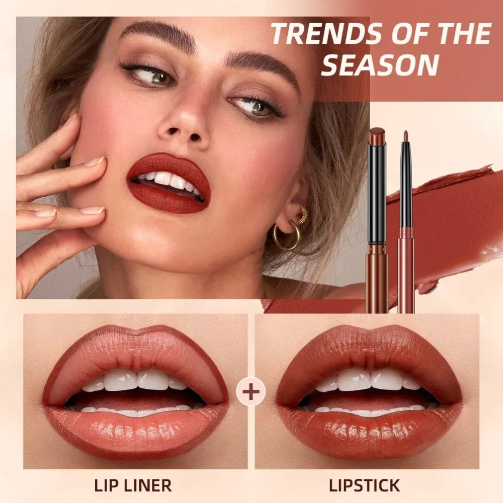 Lipliner Pencil Lipstick Set Matte Nude Red Contour Tint Lipstick Long Lasting Non-stick Cup Lipliner Makeup Lip Stain Pen - Beauty Collection Studio