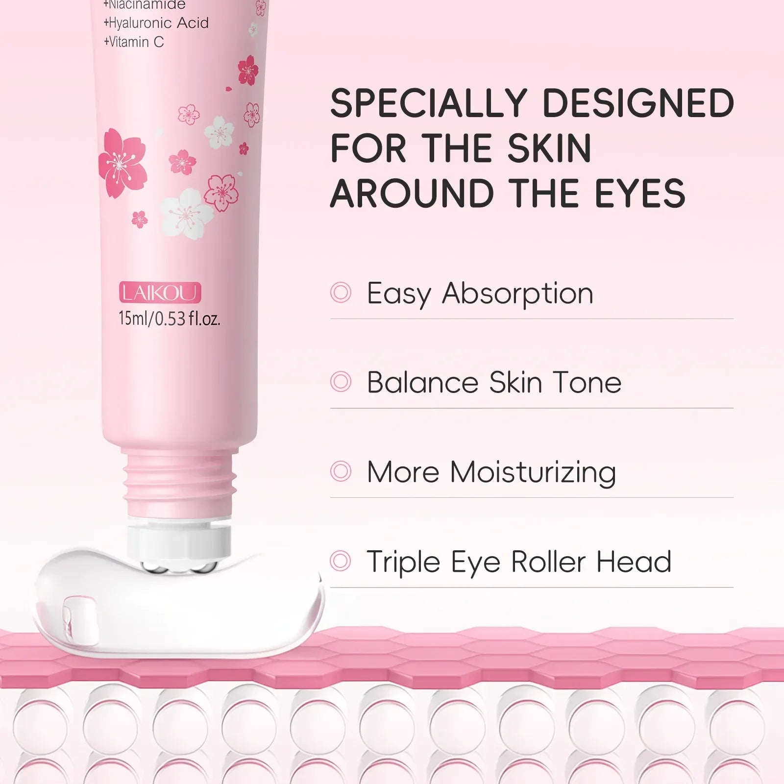 LAIKOU Sakura Eye Serum Roller Massage Hyaluronic Acid Skin Care Eye Bags Cream Moisturizing Dark Circles 15ml - My Vixen Vault