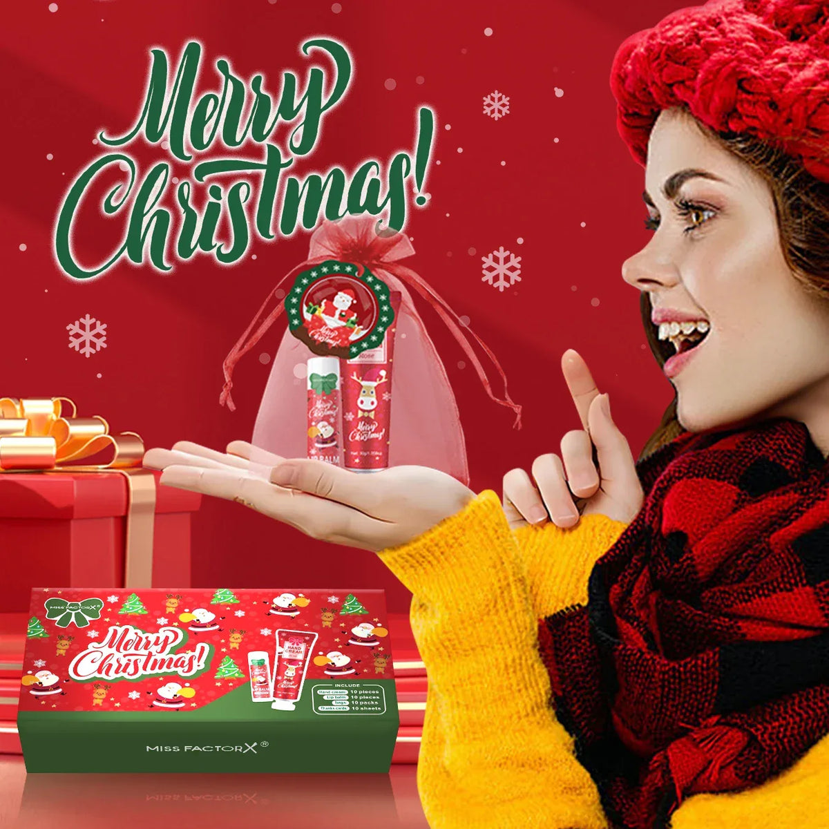 Christmas kit-10 sets/box hand cream kit, lip balm set, with Santa Card and red gift bag, party gift distribution.
